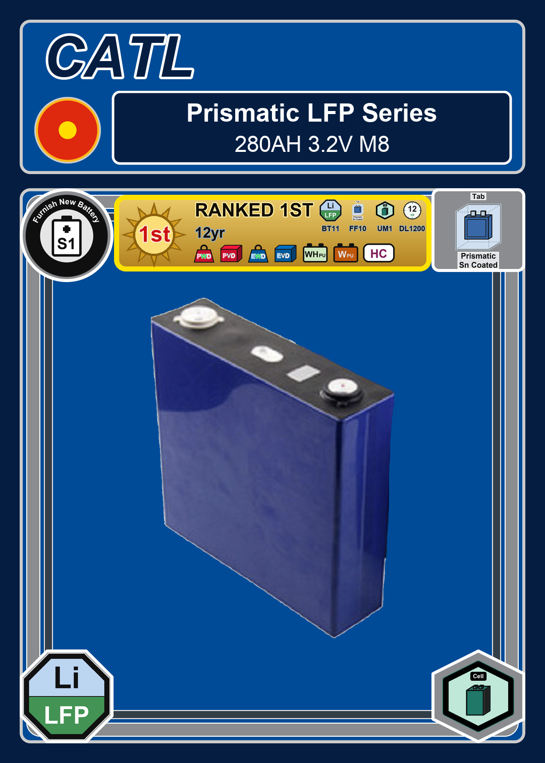 Furnish New Battery CATL Prismatic LFP Series 280AH 3 2V M8