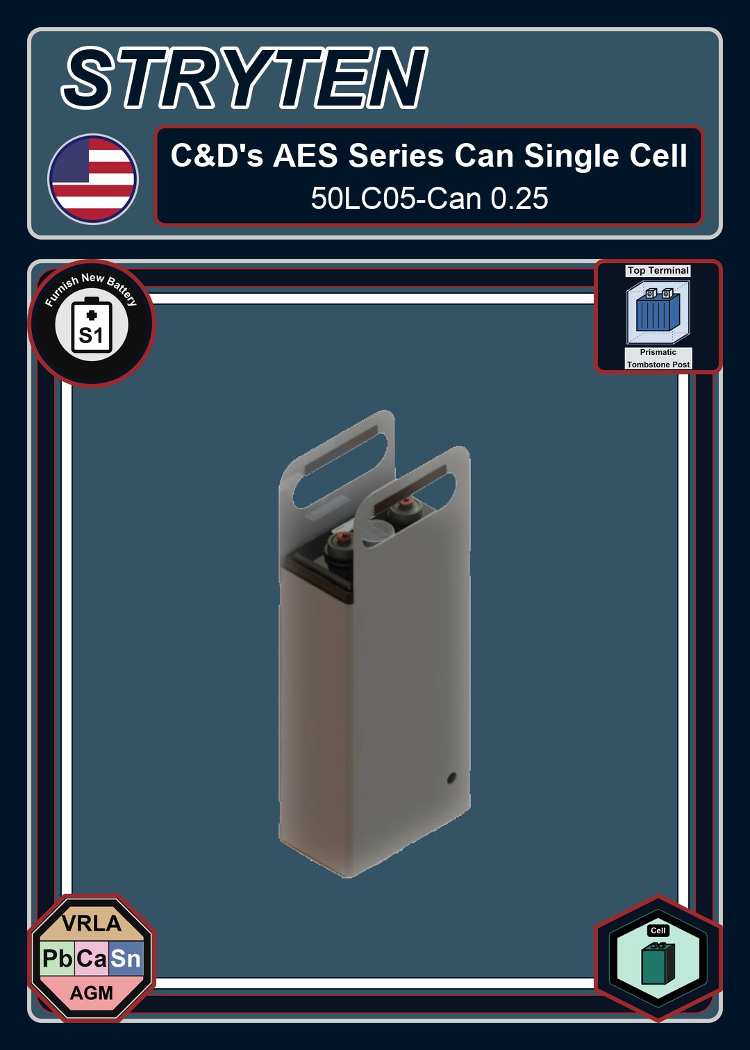 Furnish New Battery CdTechno AES 50AH Series 50LC05 Can 0 25