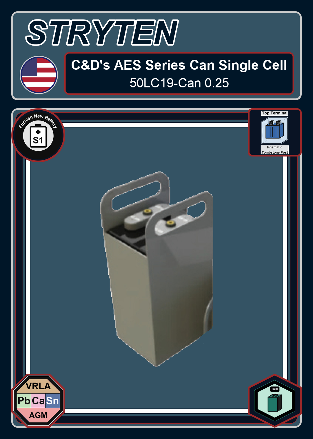 Furnish New Battery CdTechno AES 50AH Series 50LC19 Can 0 25
