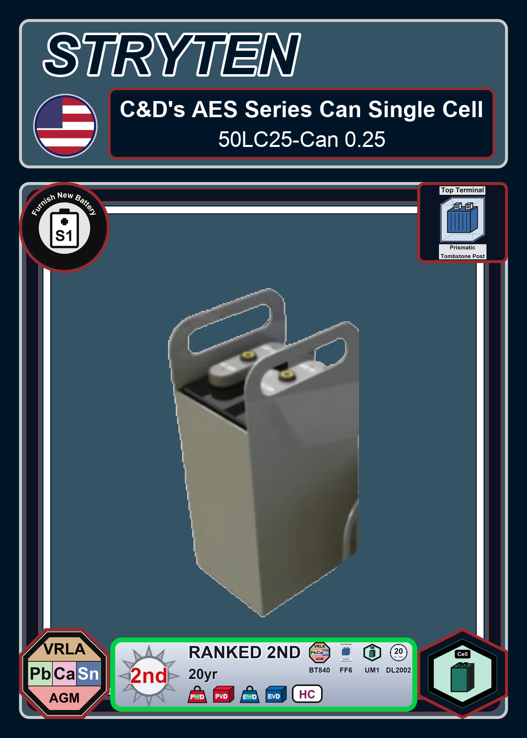 Furnish New Battery CdTechno AES 50AH Series 50LC25 Can 0 25