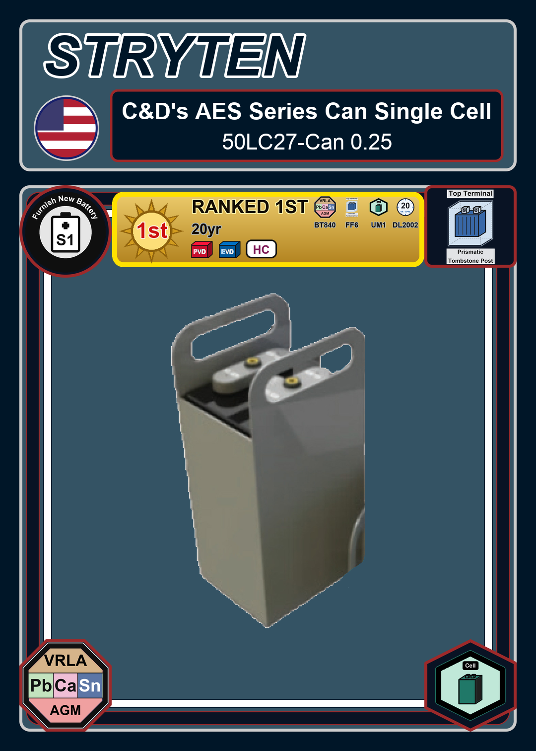 Furnish New Battery CdTechno AES 50AH Series 50LC27 Can 0 25