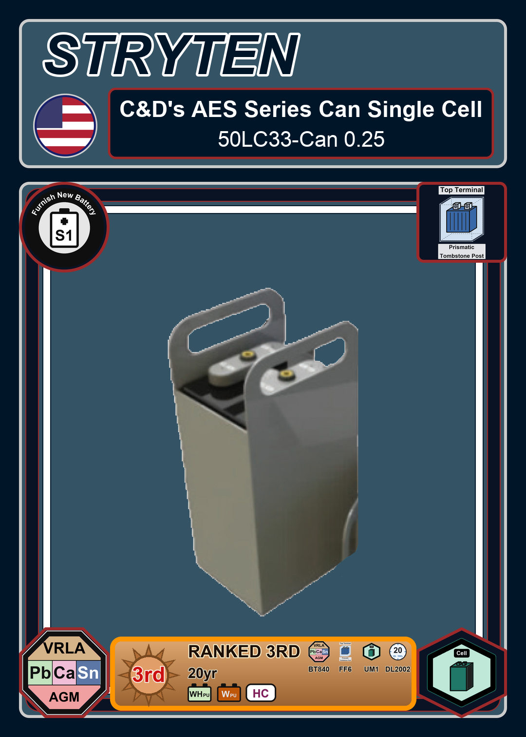 Furnish New Battery CdTechno AES 50AH Series 50LC33 Can 0 25