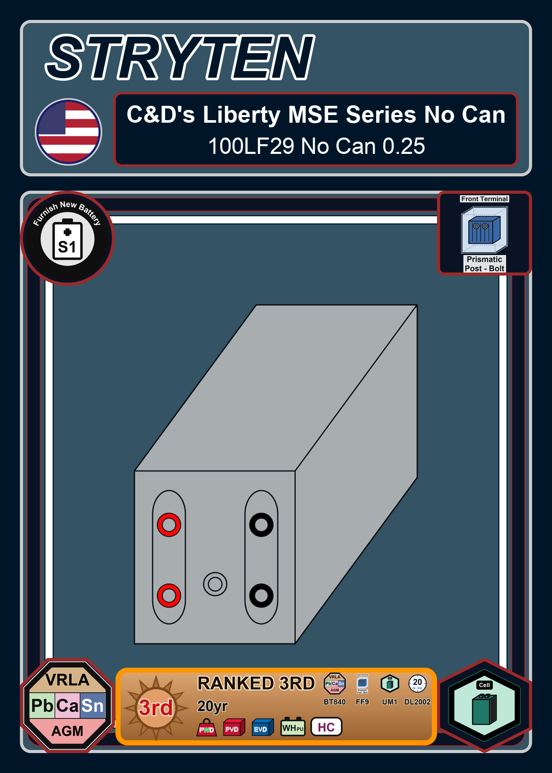 Furnish New Battery CdTechno Liberty MSE Series 100LF29 No Can 0 25