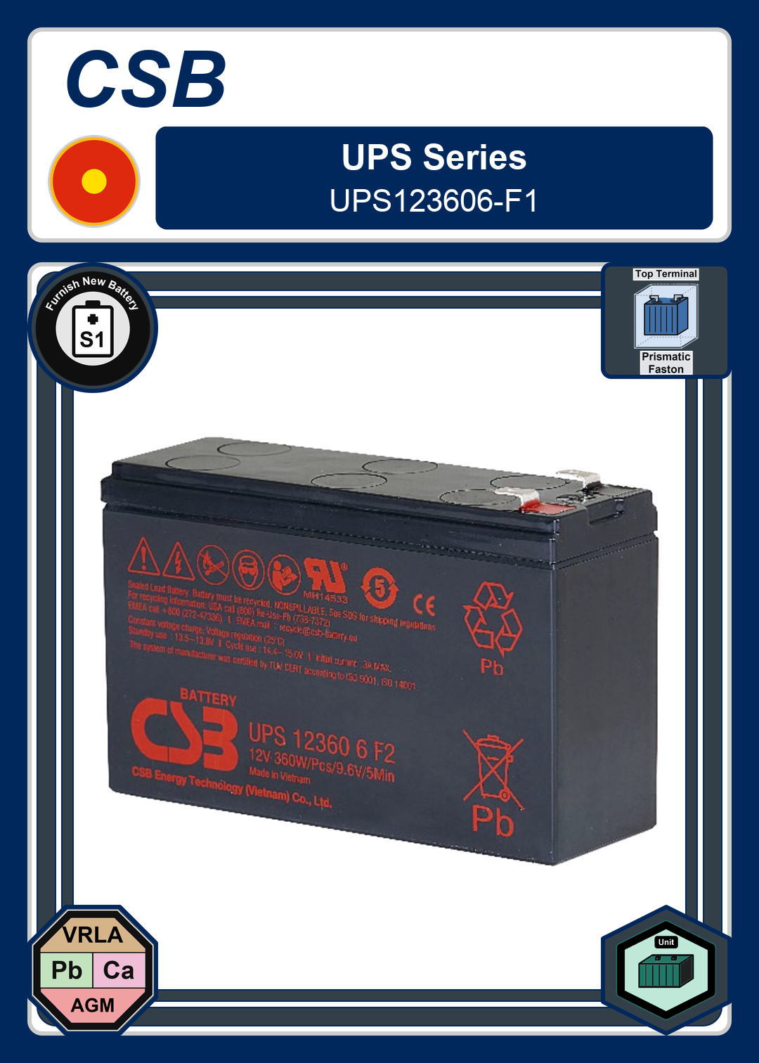 Furnish New Battery CSB UPS Series UPS123606 F1