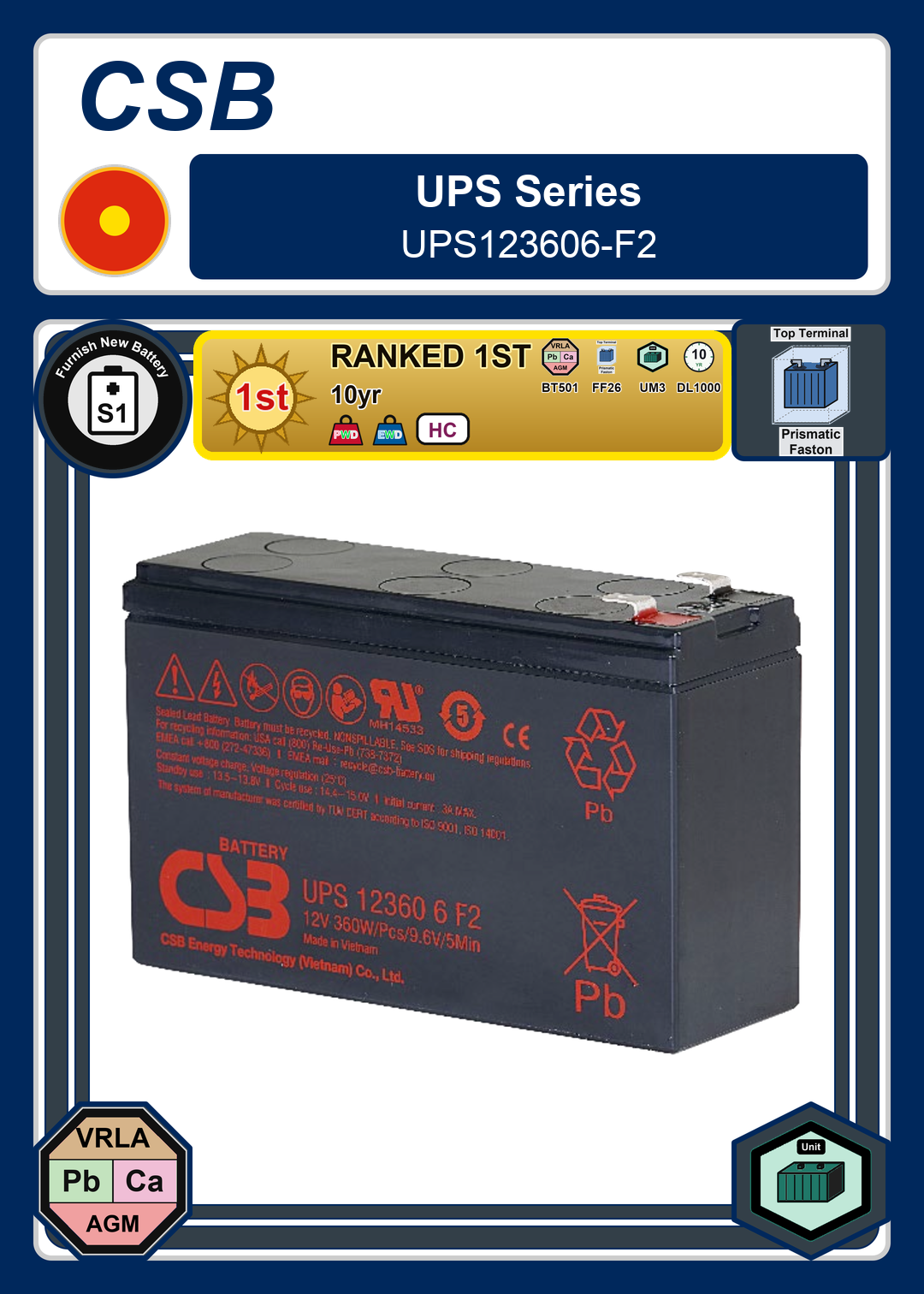 Furnish New Battery CSB UPS Series UPS123606 F2