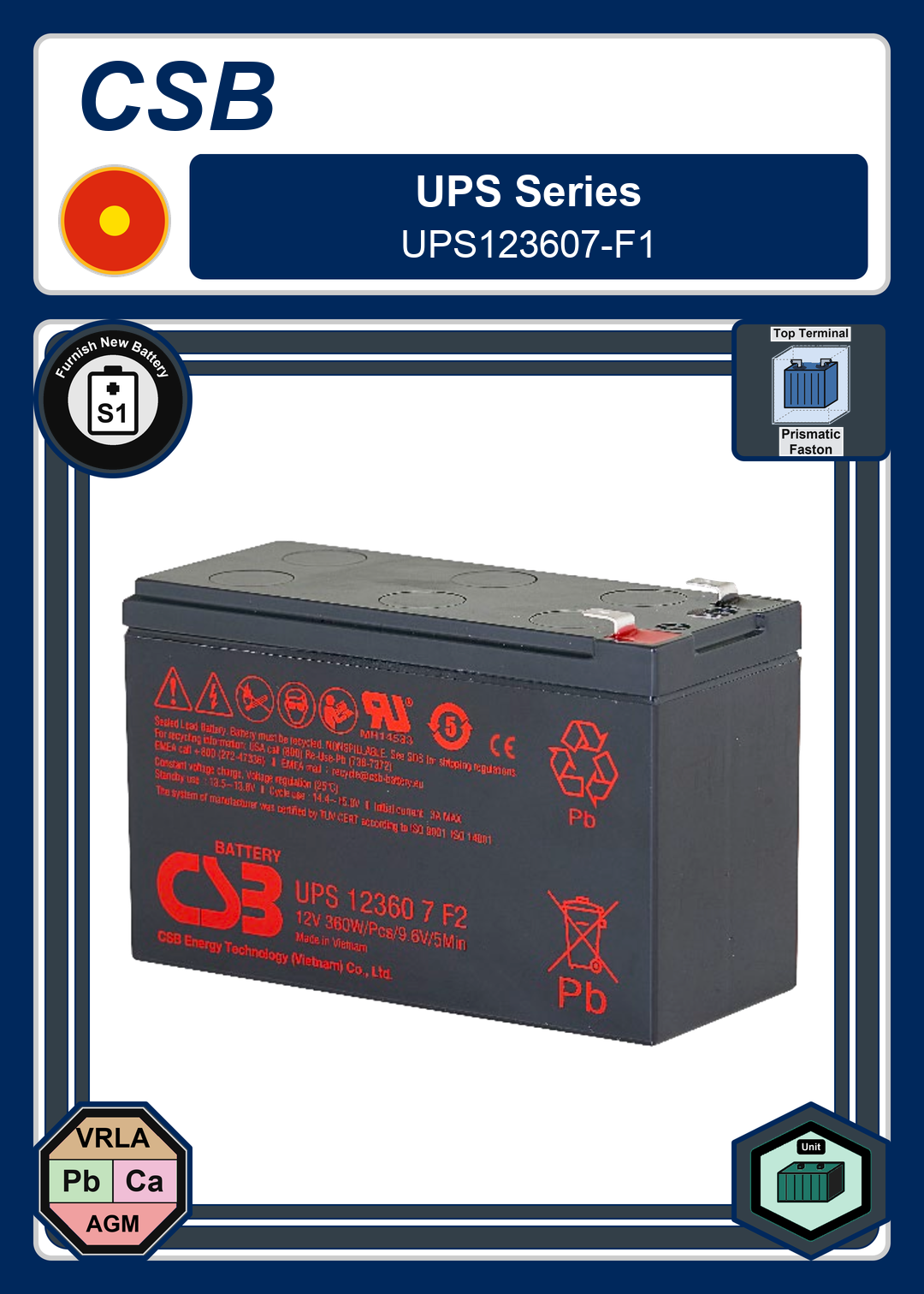 Furnish New Battery CSB UPS Series UPS123607 F1