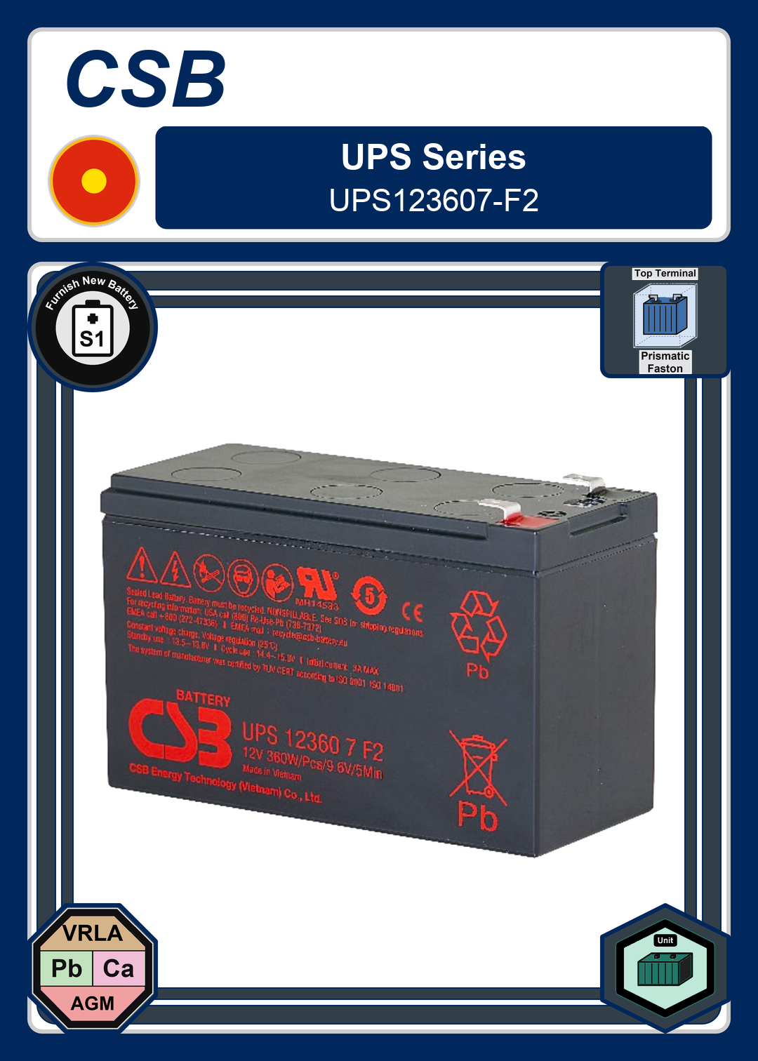 Furnish New Battery CSB UPS Series UPS123607 F2