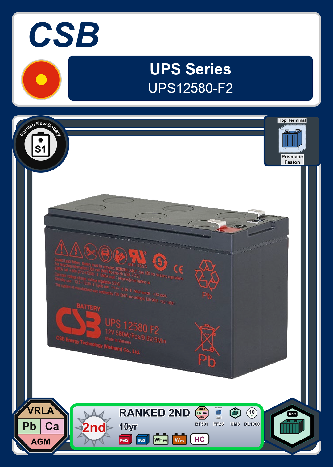 Furnish New Battery CSB UPS Series UPS12580 F2