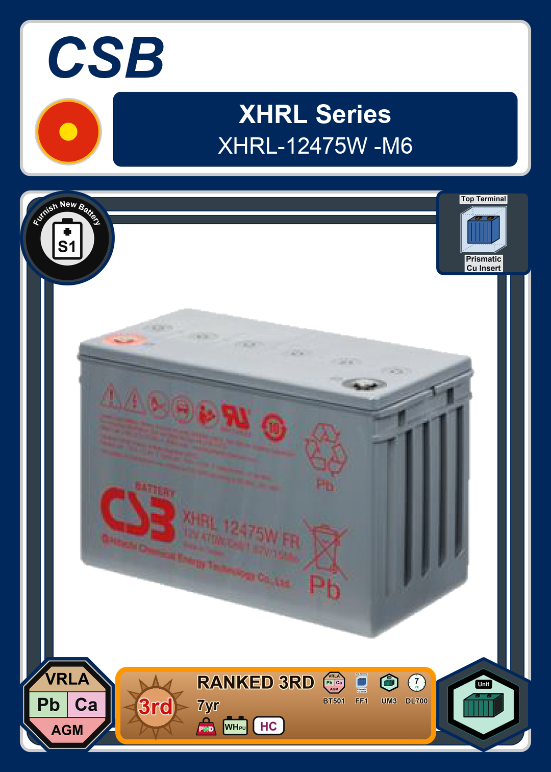 Furnish New Battery CSB XHRL Series XHRL 12475W M6