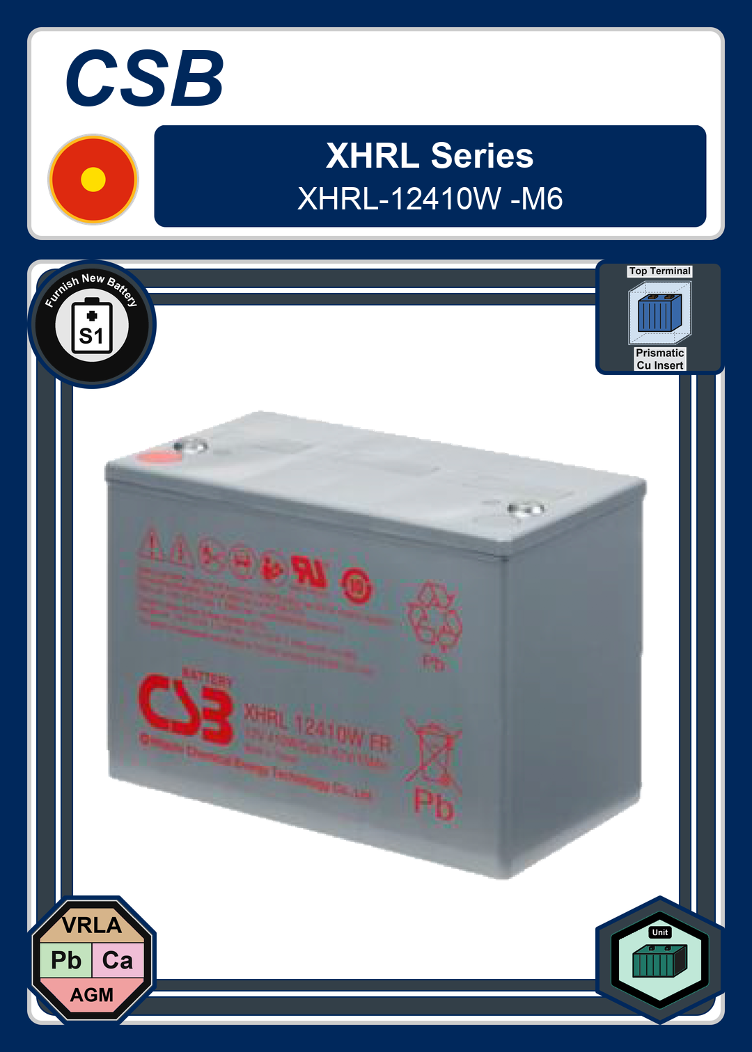Furnish New Battery CSB XHRL Series XHRL 12410W M6