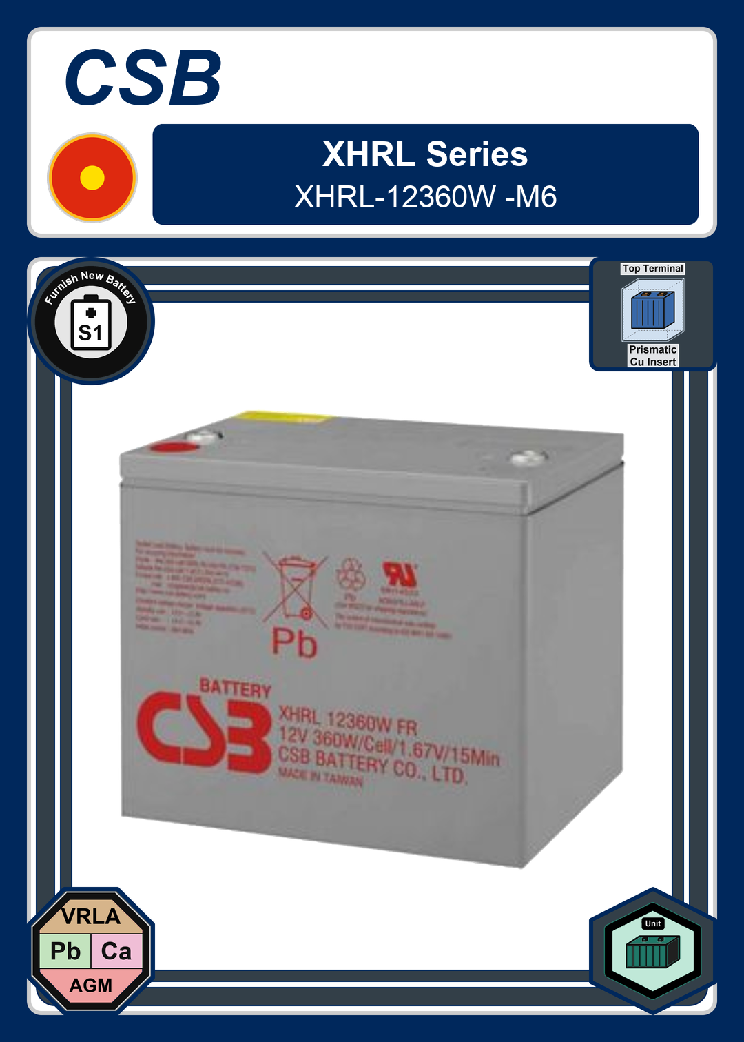 Furnish New Battery CSB XHRL Series XHRL 12360W M6