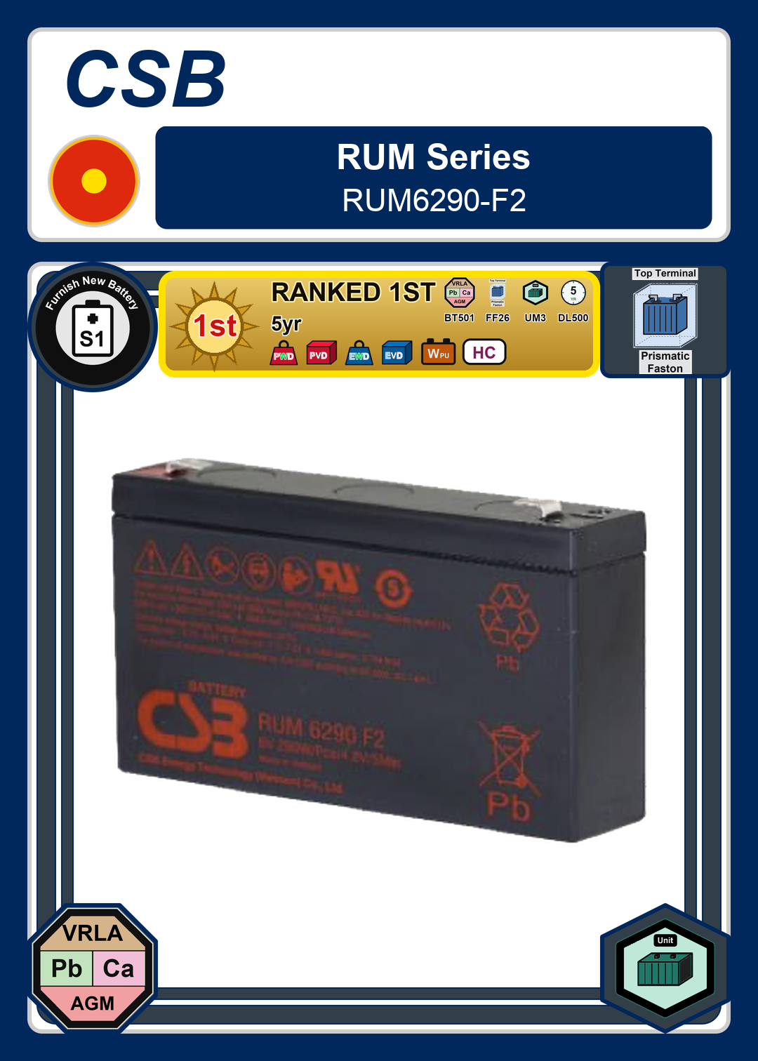 Furnish New Battery CSB RUM Series RUM6290 F2