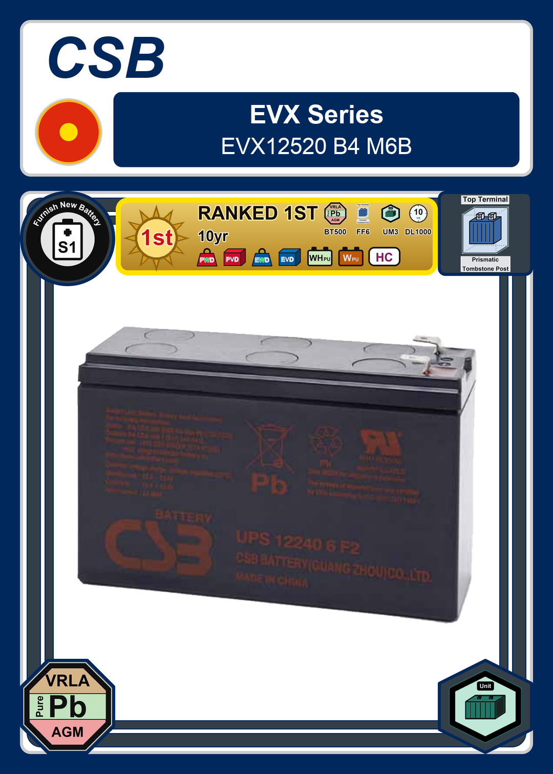 Furnish New Battery CSB EVX Series EVX12520 B4 M6B