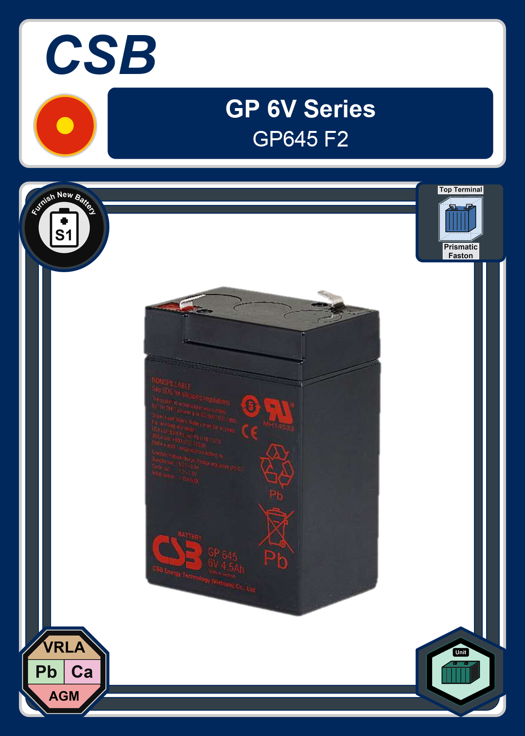 Furnish New Battery CSB GP 6V Series GP645 F2