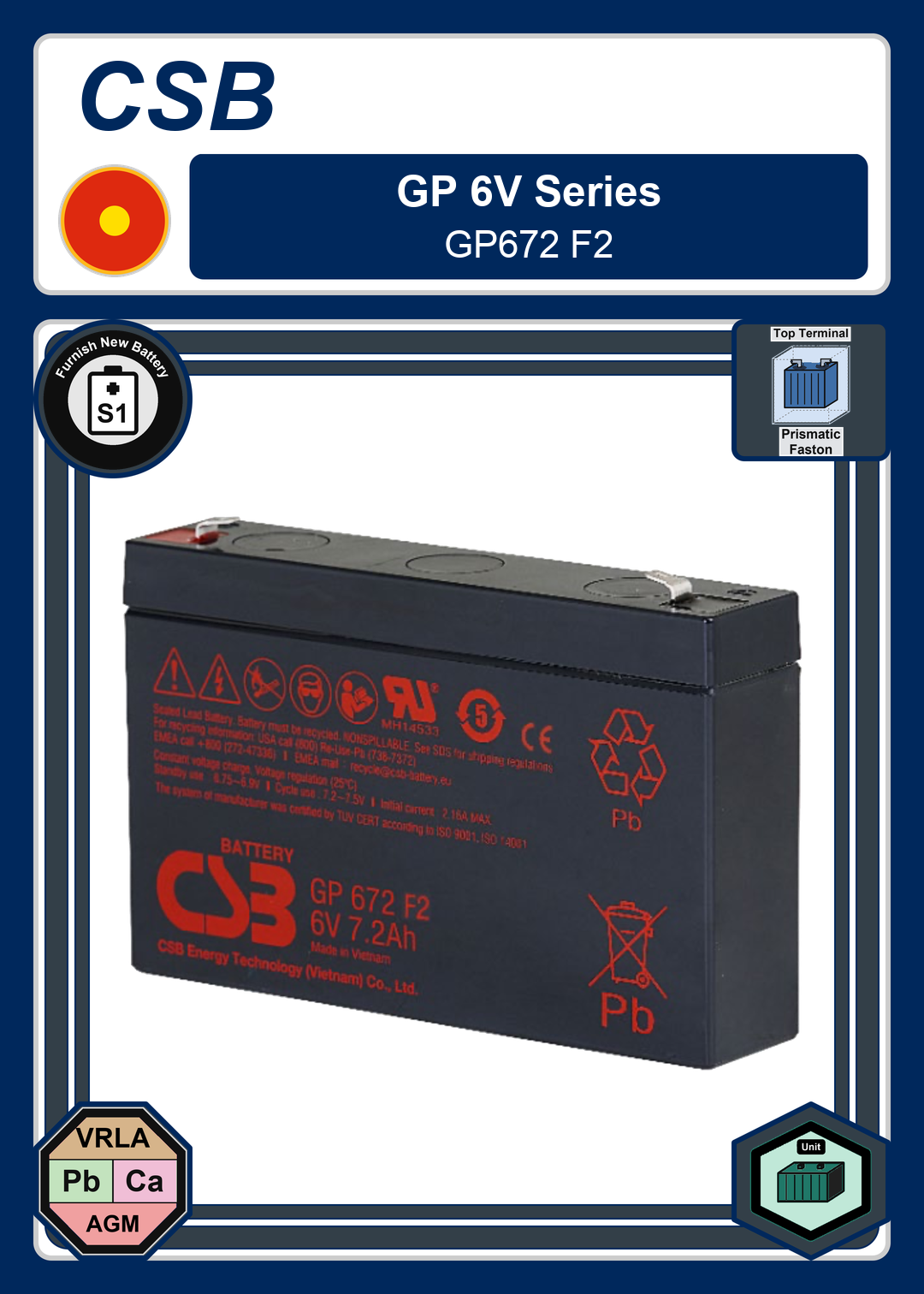Furnish New Battery CSB GP 6V Series GP672 F2