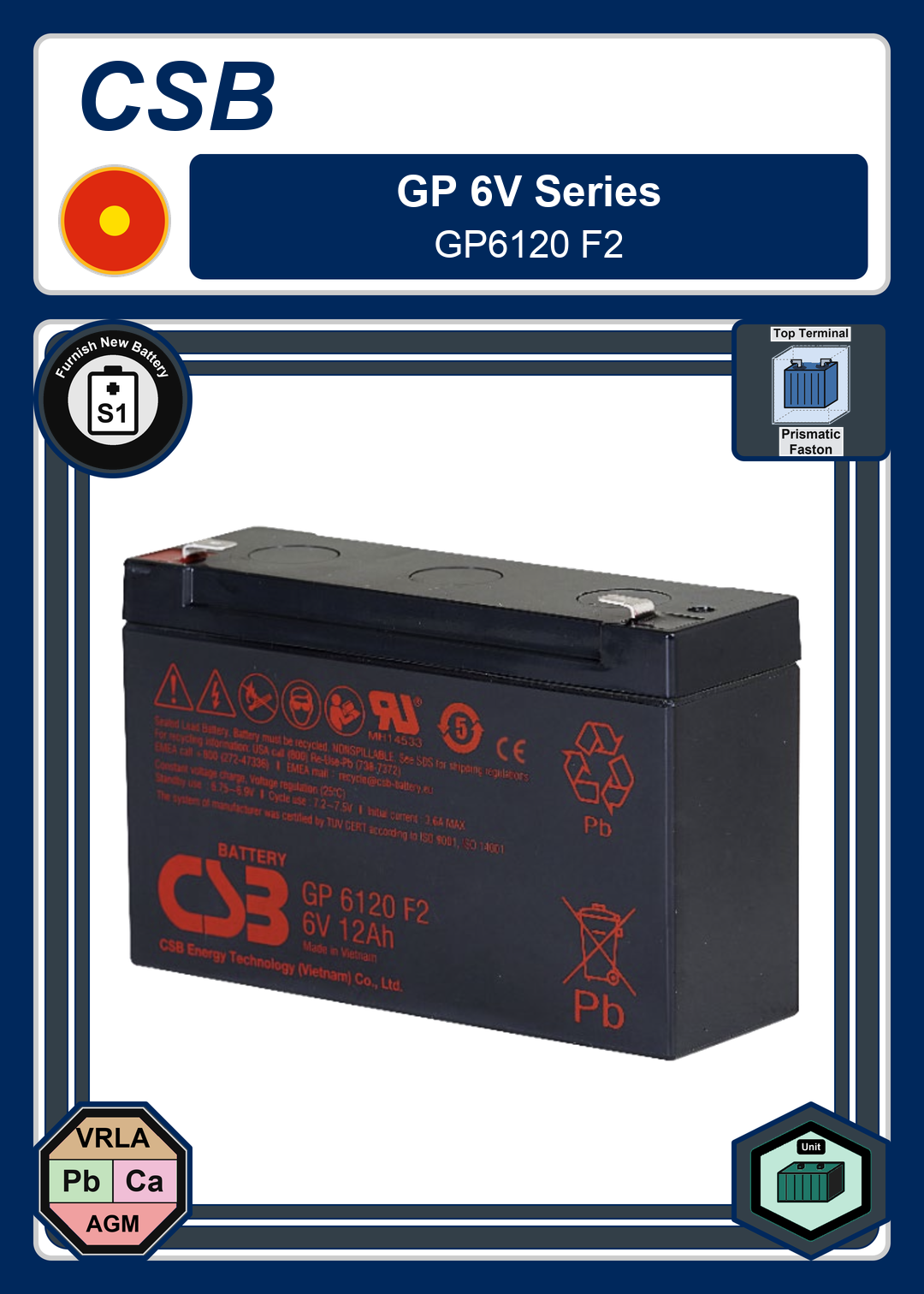 Furnish New Battery CSB GP 6V Series GP6120 F2