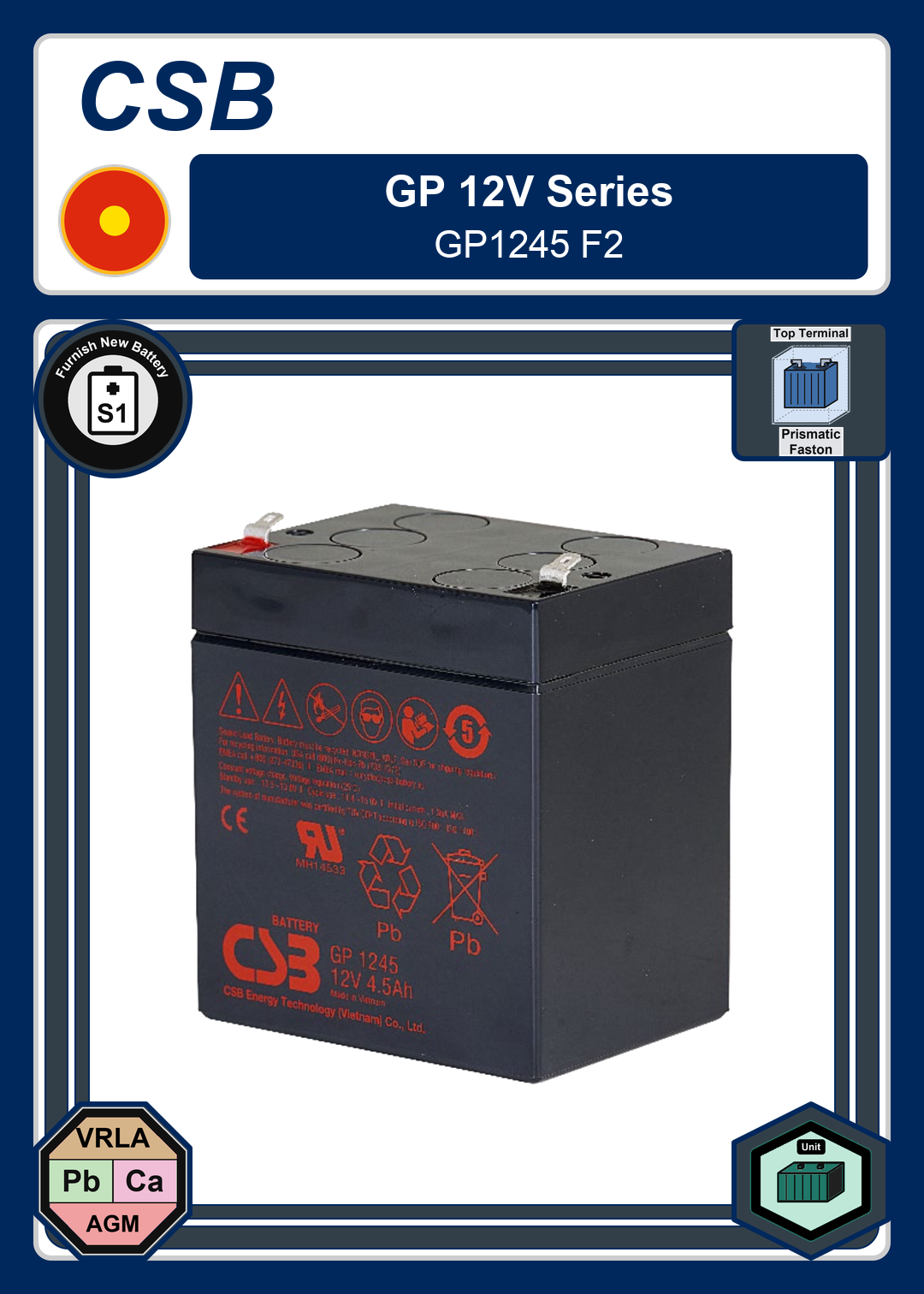 Furnish New Battery CSB GP 12V Series GP1245 F2