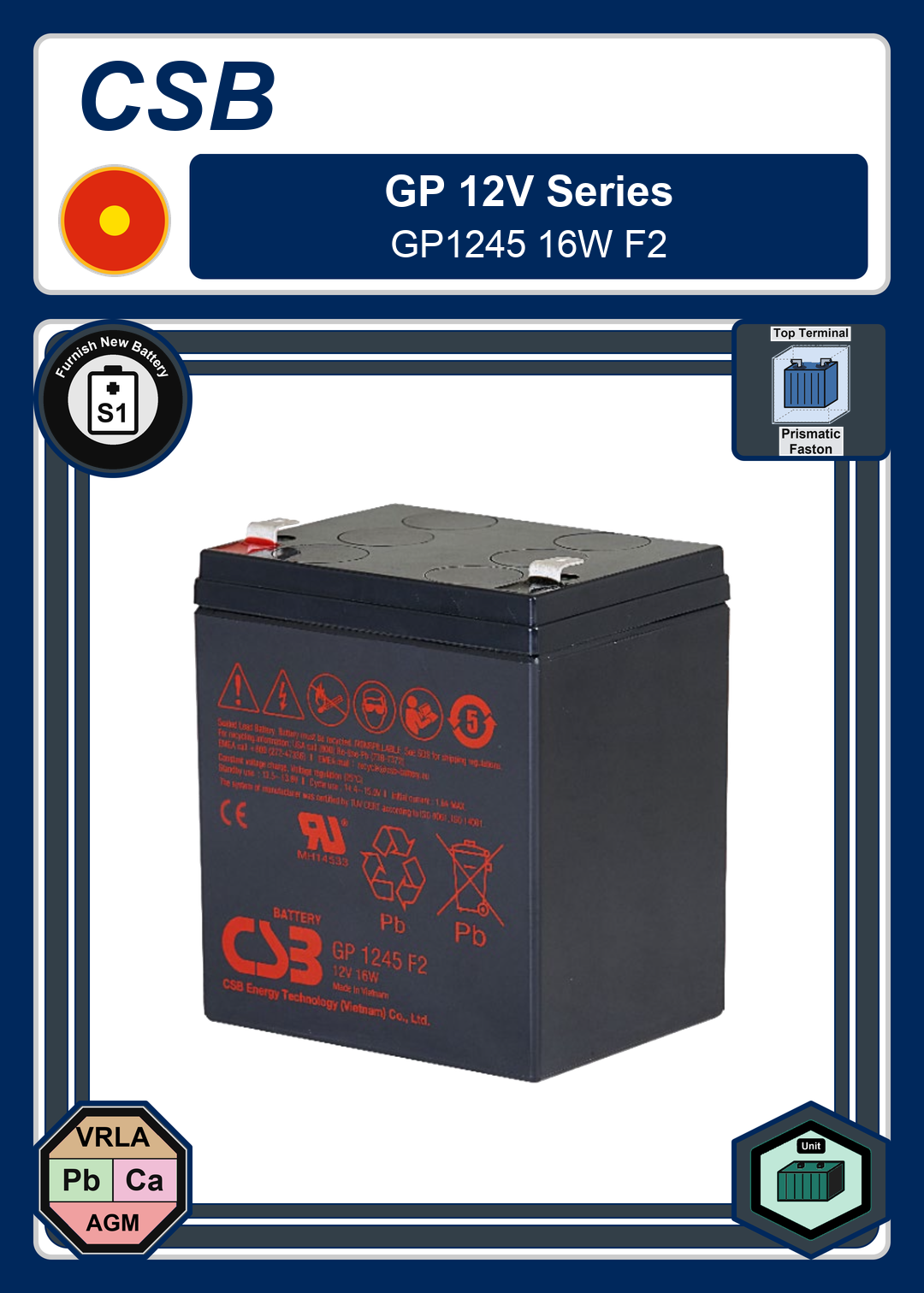 Furnish New Battery CSB GP 12V Series GP1245 16W F2