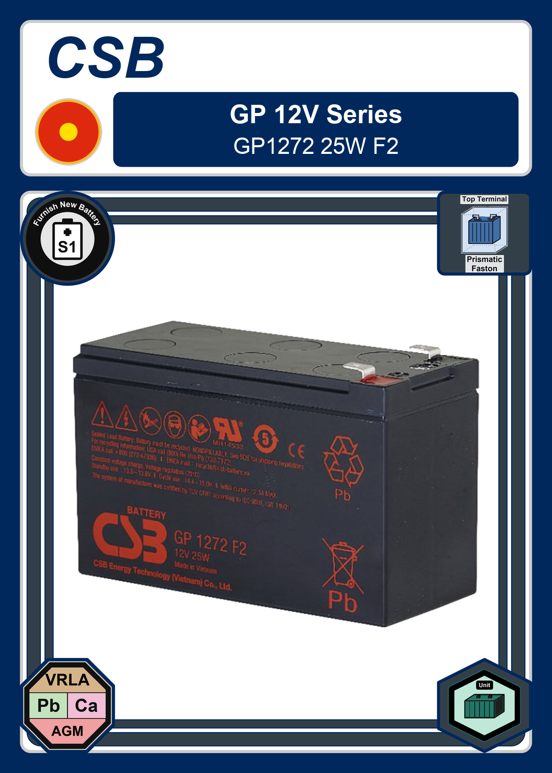 Furnish New Battery CSB GP 12V Series GP1272 25W F2