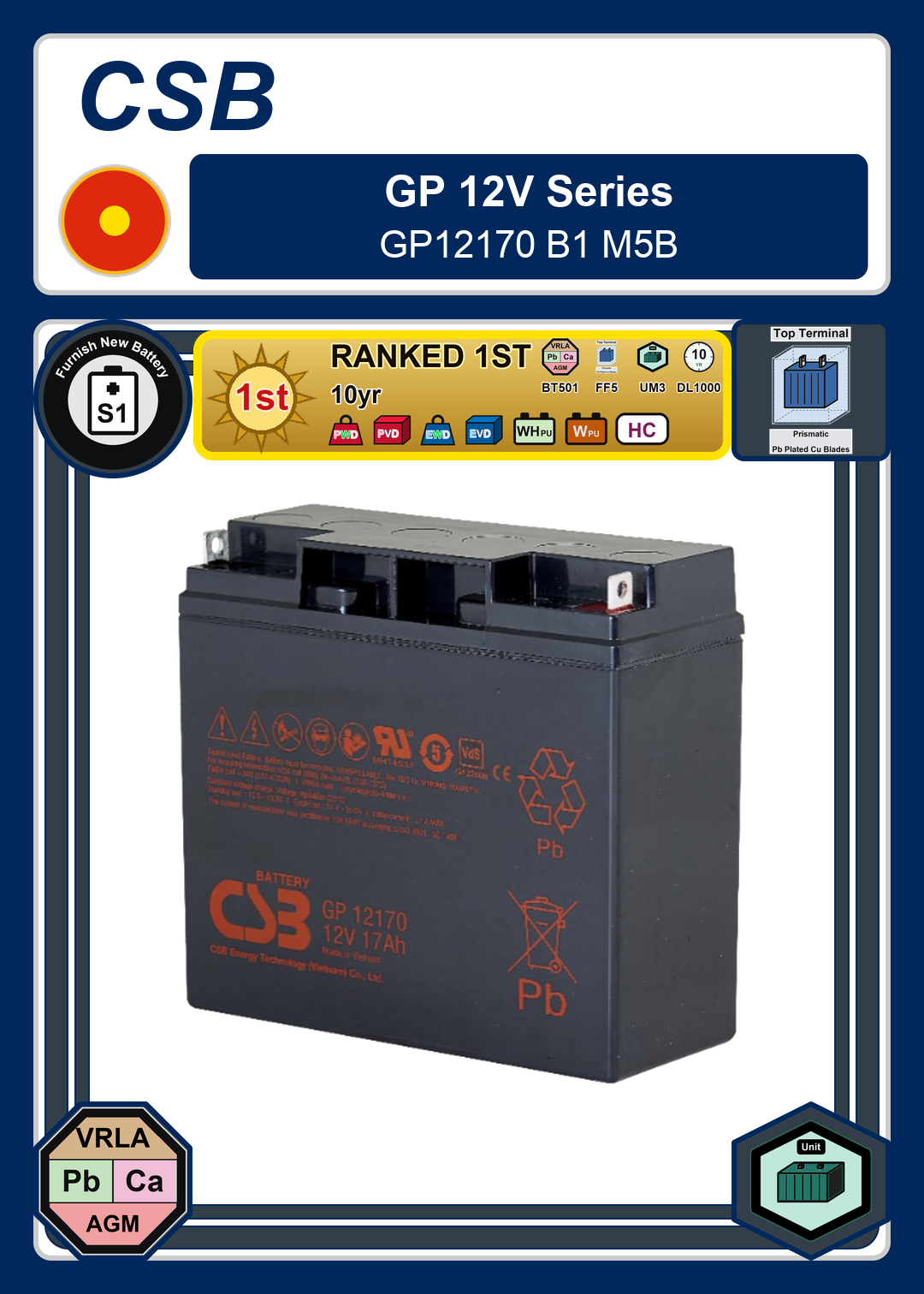 Furnish New Battery CSB GP 12V Series GP12170 B1 M5B