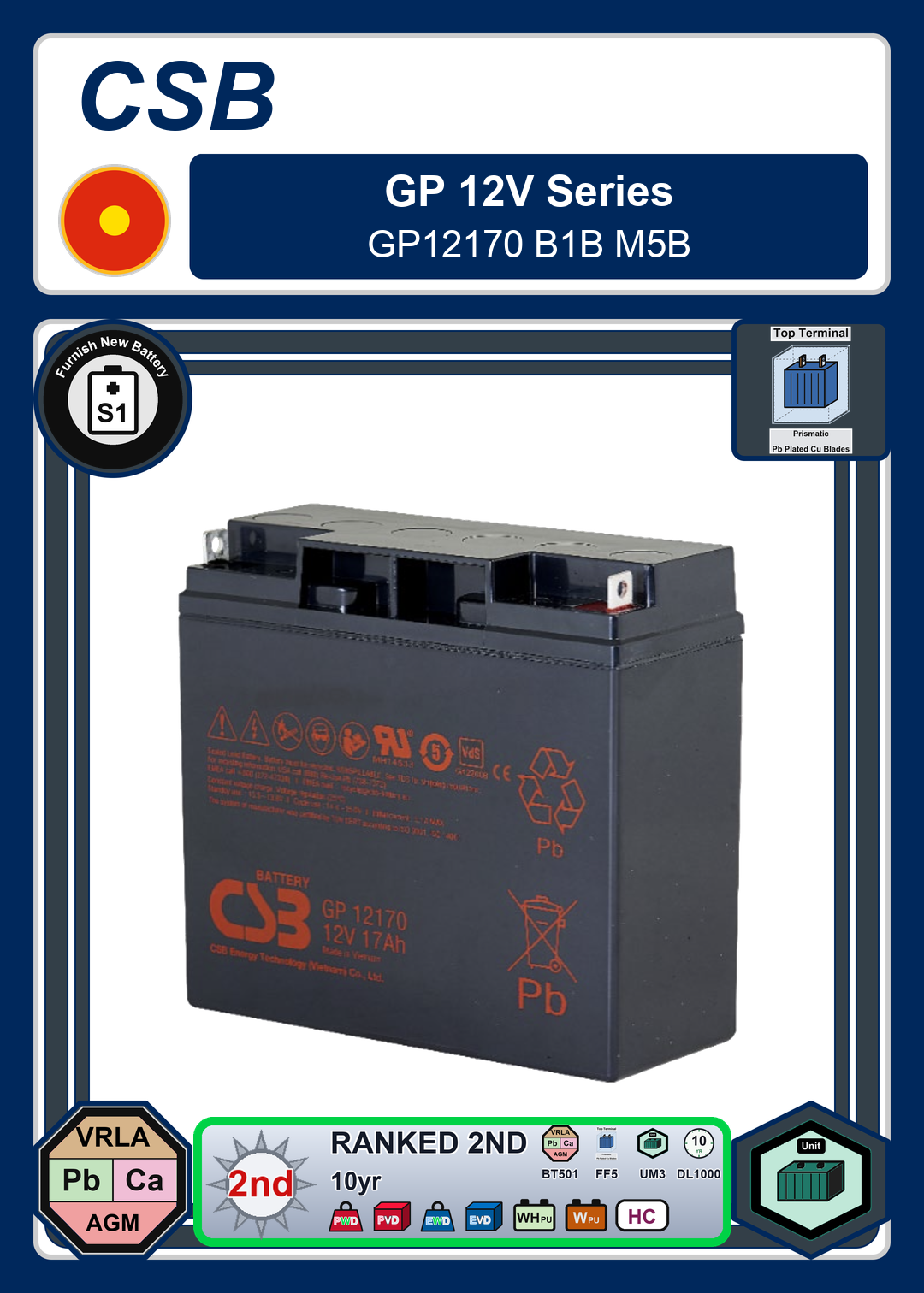 Furnish New Battery CSB GP 12V Series GP12170 B1B M5B