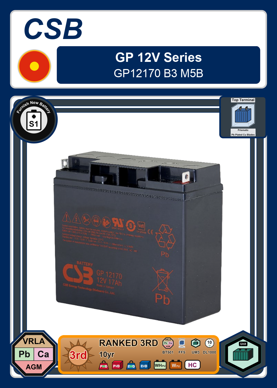 Furnish New Battery CSB GP 12V Series GP12170 B3 M5B