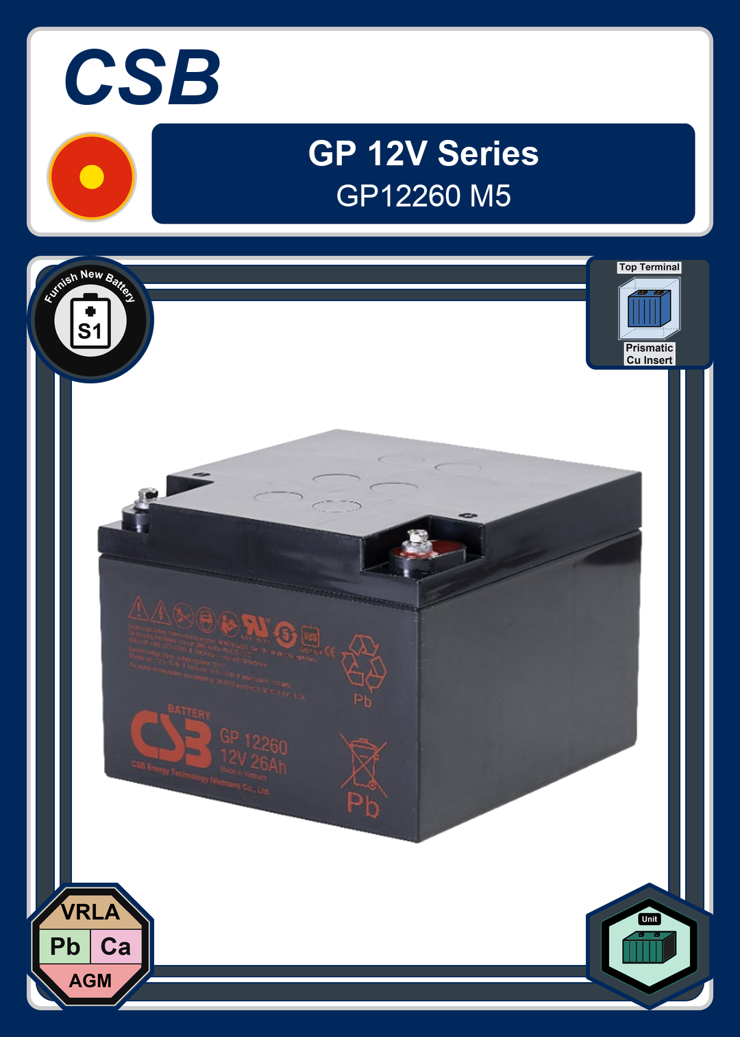 Furnish New Battery CSB GP 12V Series GP12260 M5