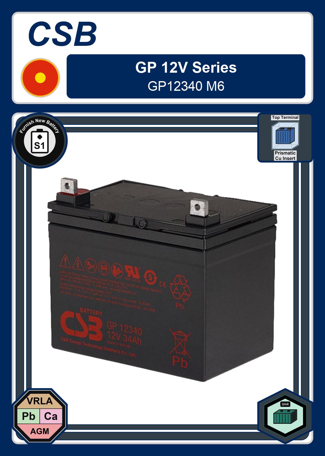 Furnish New Battery CSB GP 12V Series GP12340 M6
