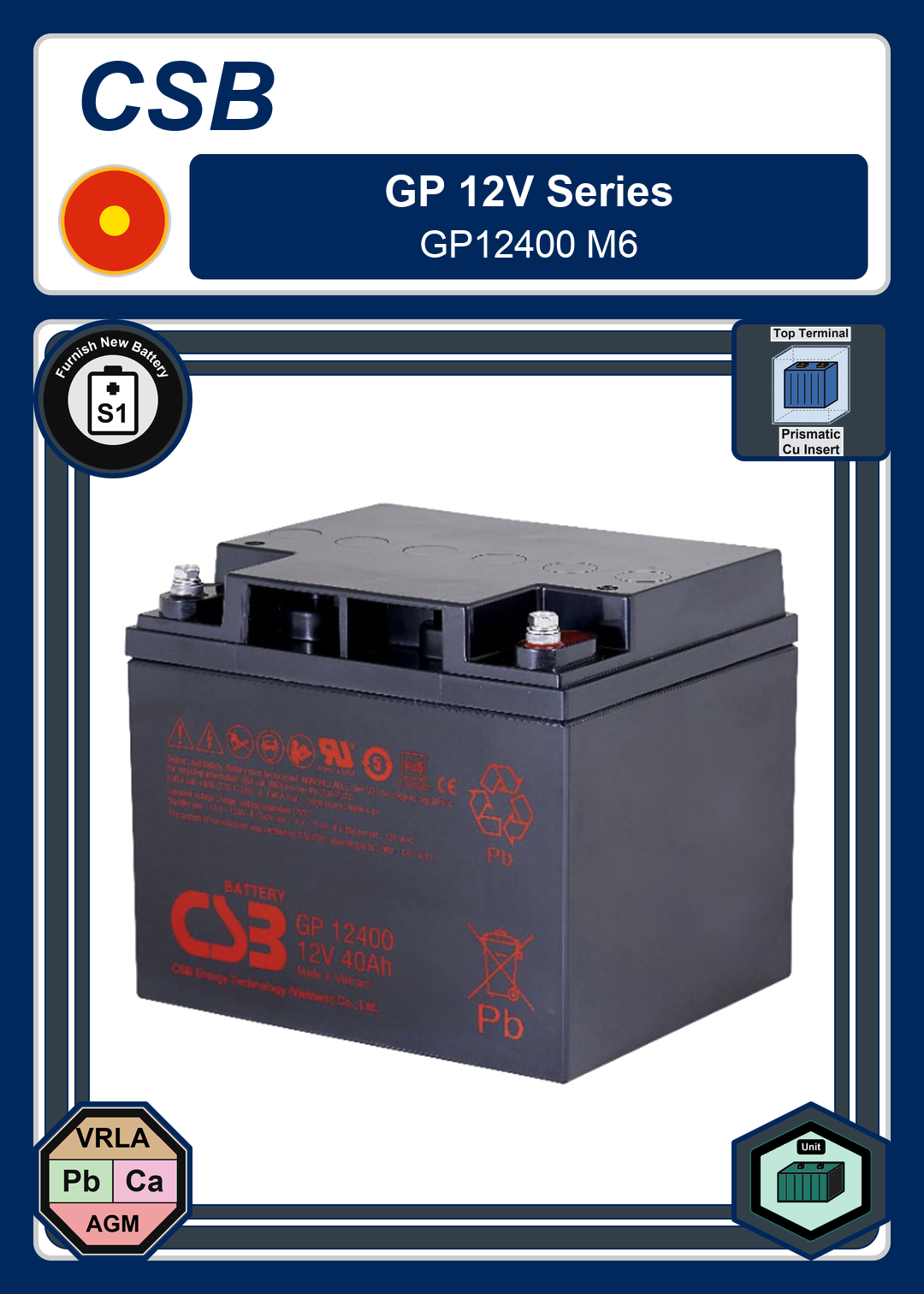 Furnish New Battery CSB GP 12V Series GP12400 M6