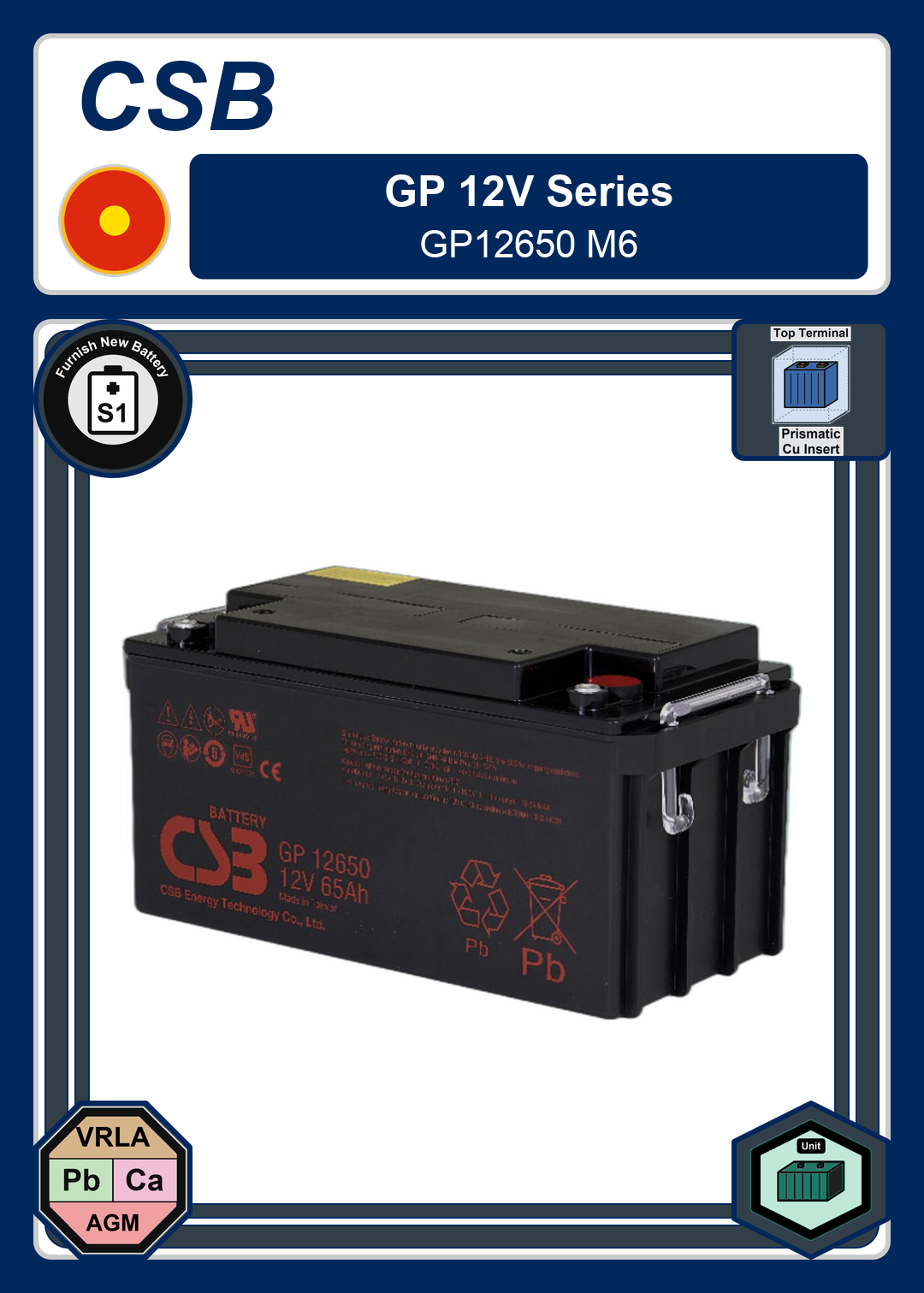Furnish New Battery CSB GP 12V Series GP12650 M6