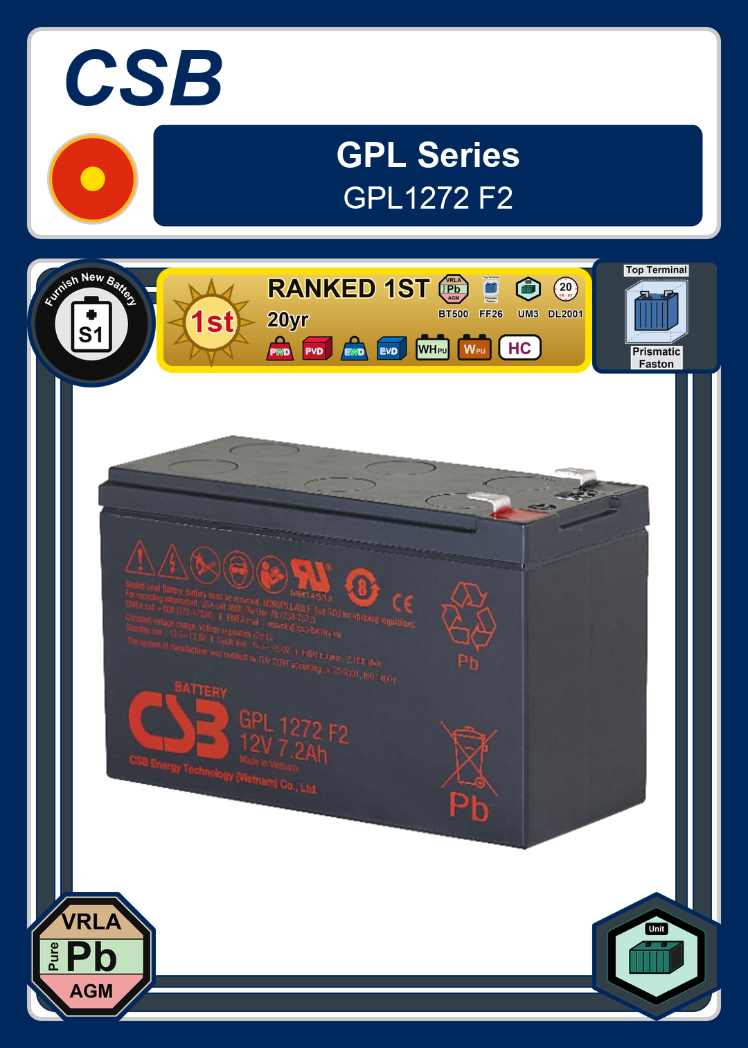 Furnish New Battery CSB GPL Series GPL1272 F2