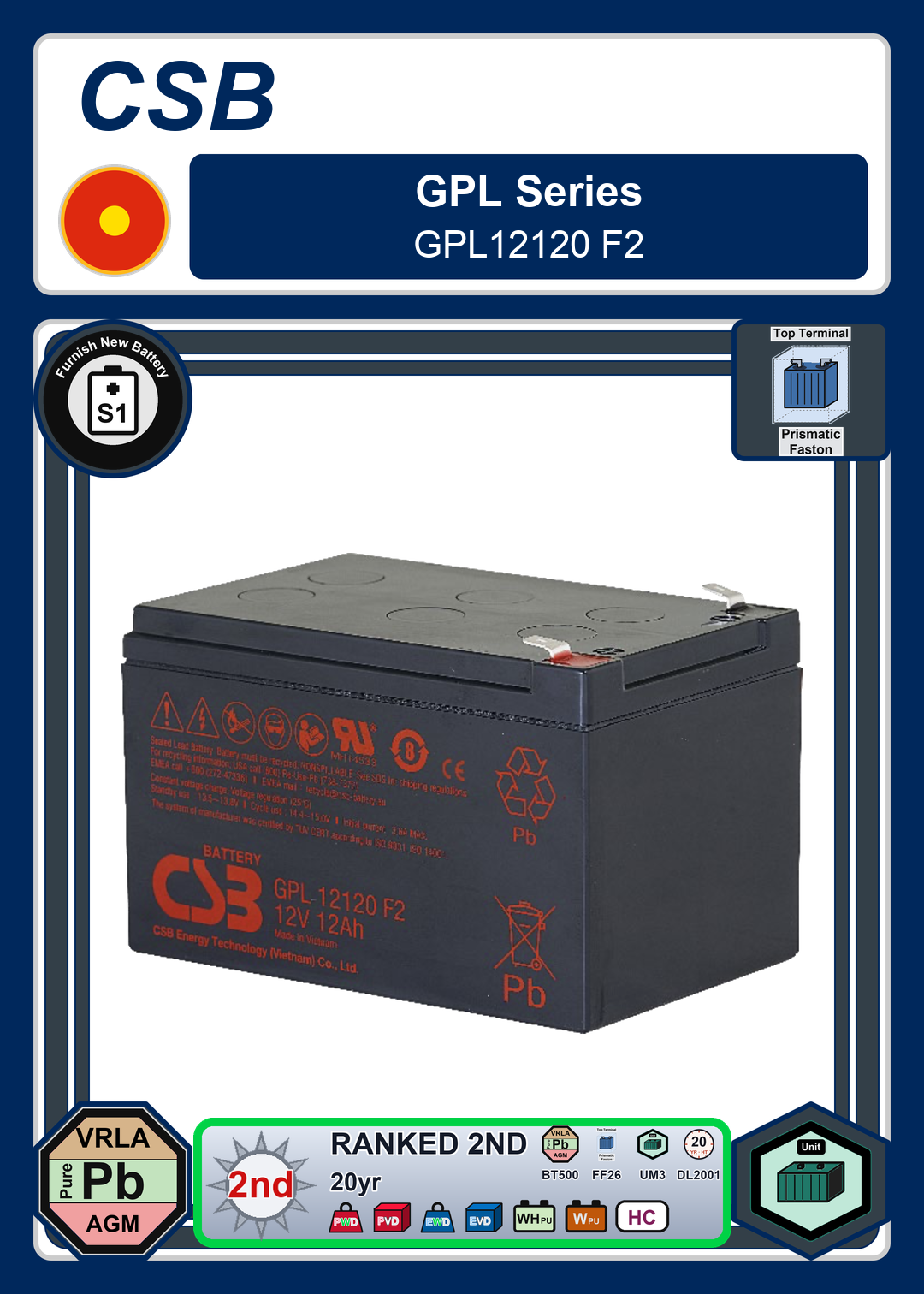 Furnish New Battery CSB GPL Series GPL12120 F2