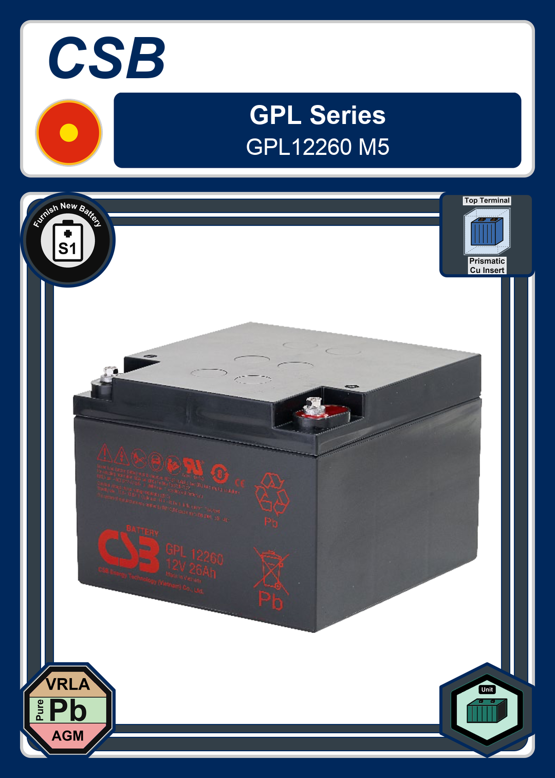 Furnish New Battery CSB GPL Series GPL12260 M5