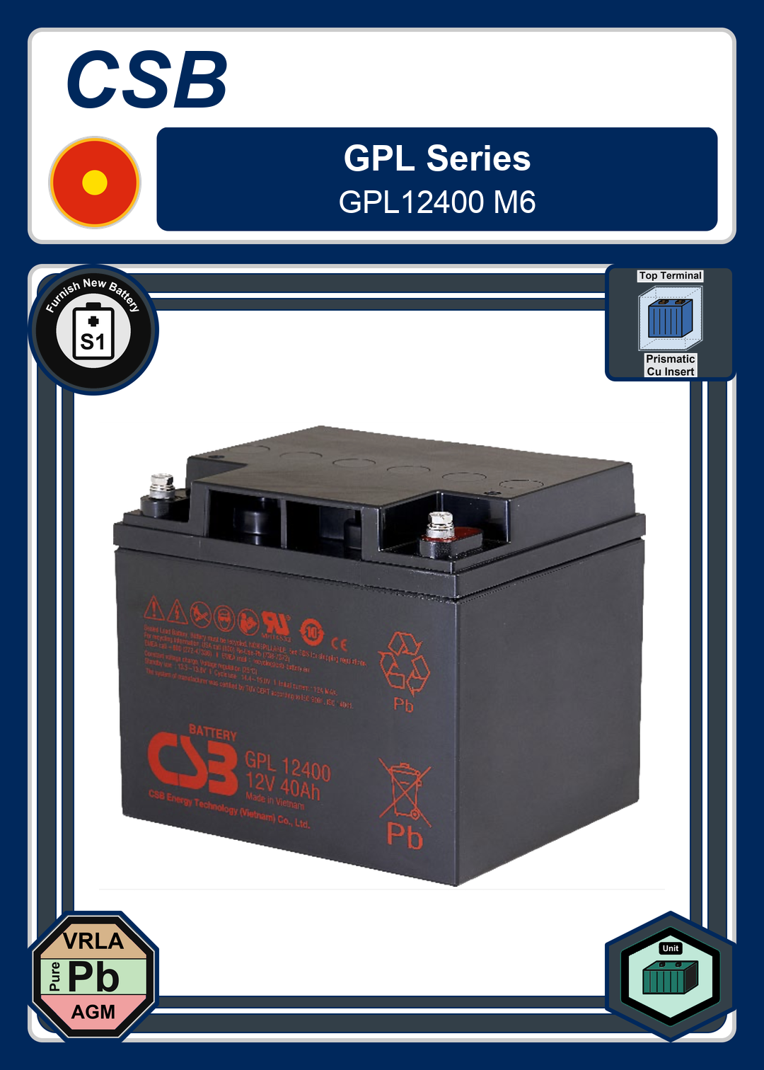 Furnish New Battery CSB GPL Series GPL12400 M6