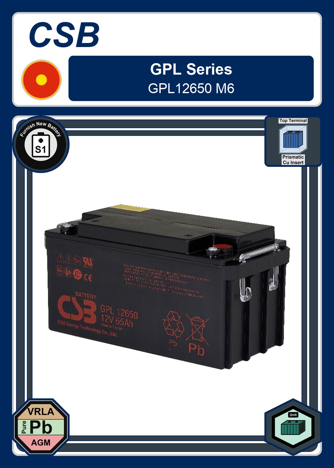 Furnish New Battery CSB GPL Series GPL12650 M6