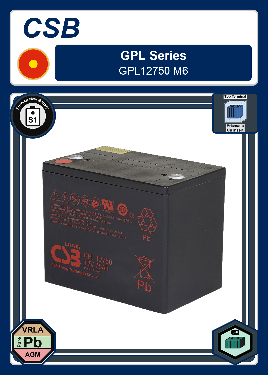 Furnish New Battery CSB GPL Series GPL12750 M6