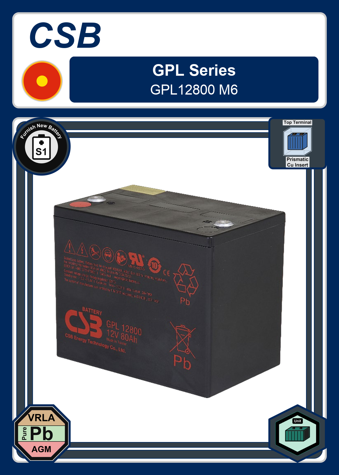 Furnish New Battery CSB GPL Series GPL12800 M6