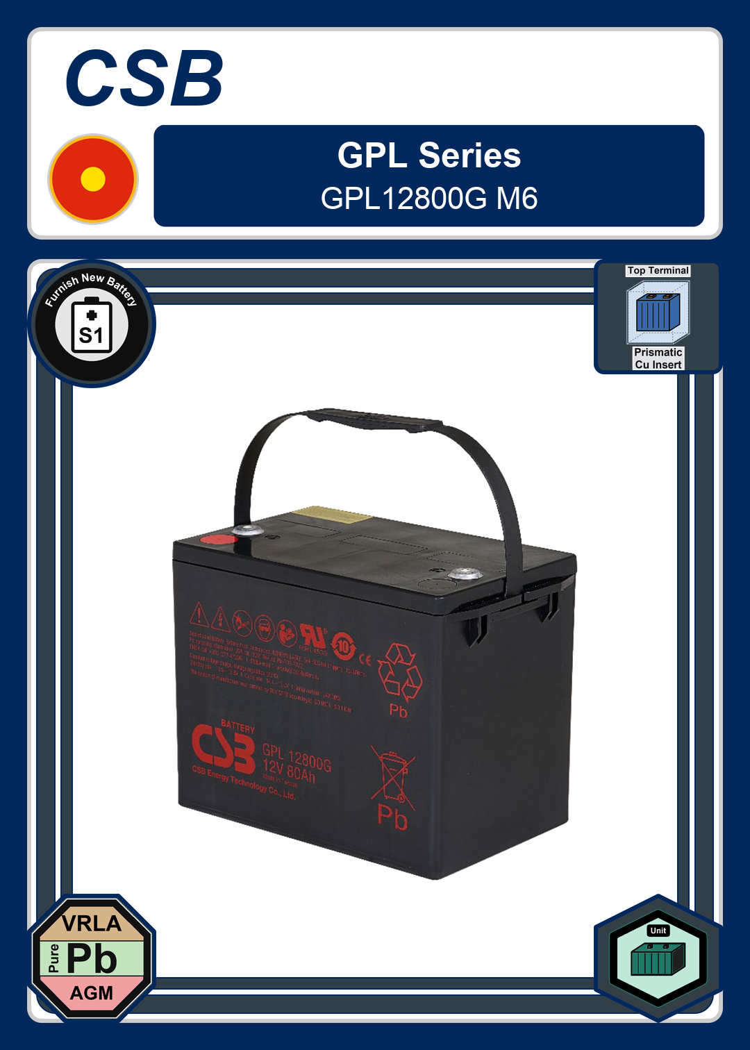 Furnish New Battery CSB GPL Series GPL12800G M6