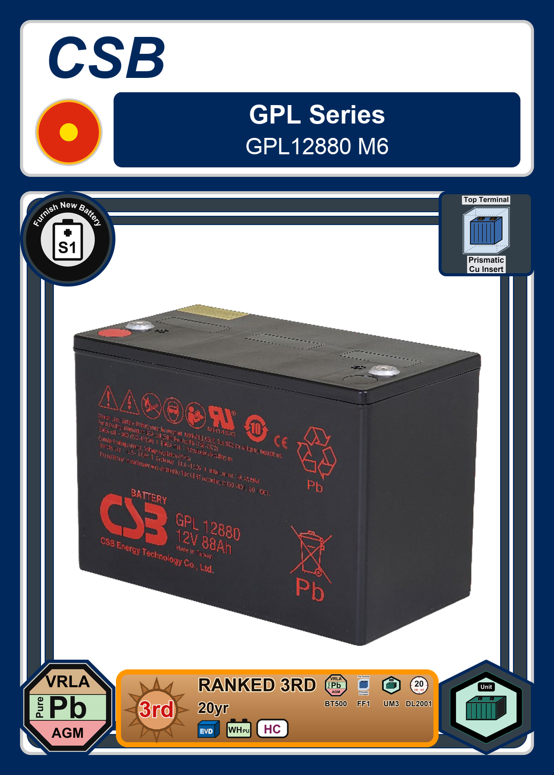Furnish New Battery CSB GPL Series GPL12880 M6
