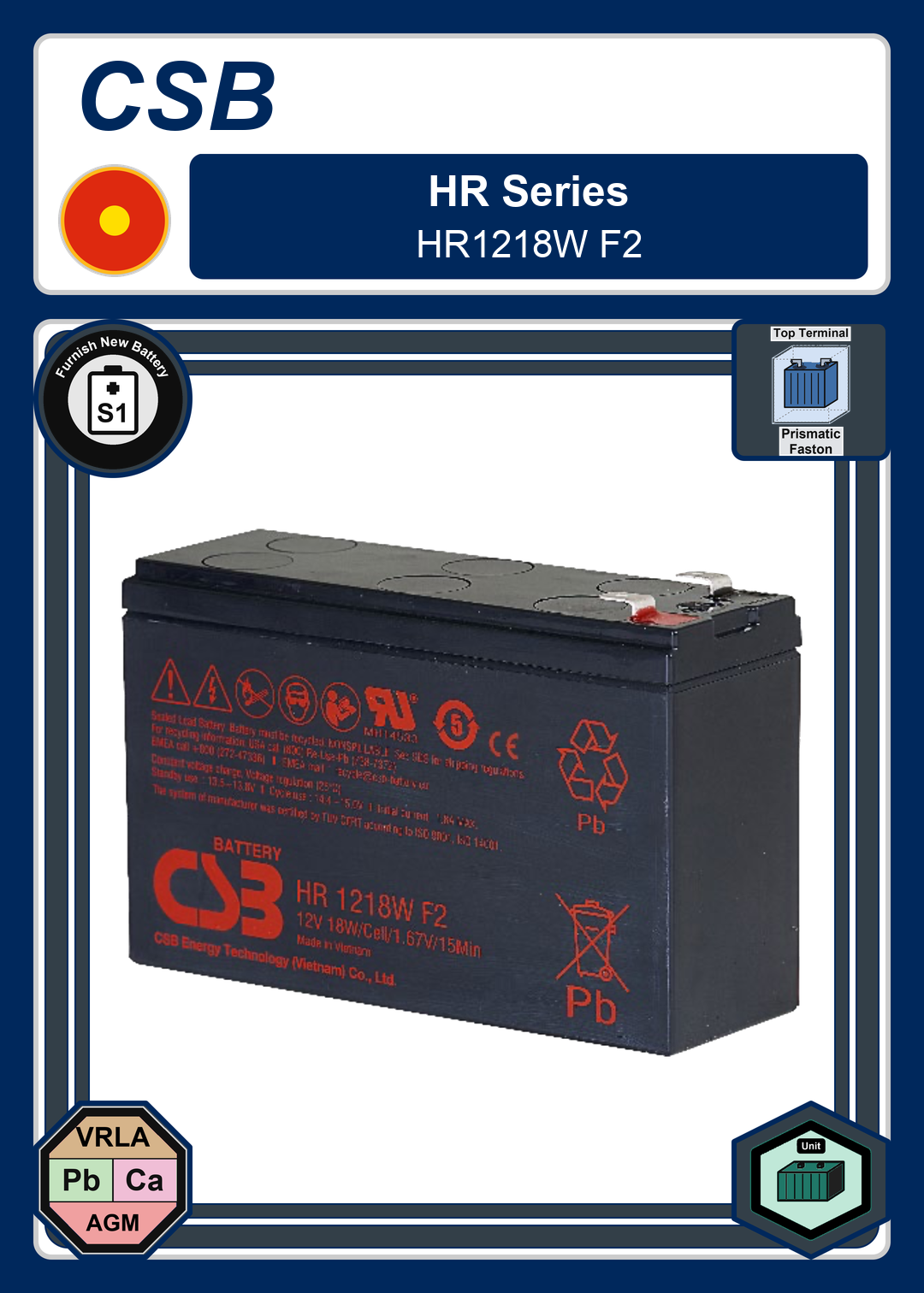 Furnish New Battery CSB HR Series HR1218W F2