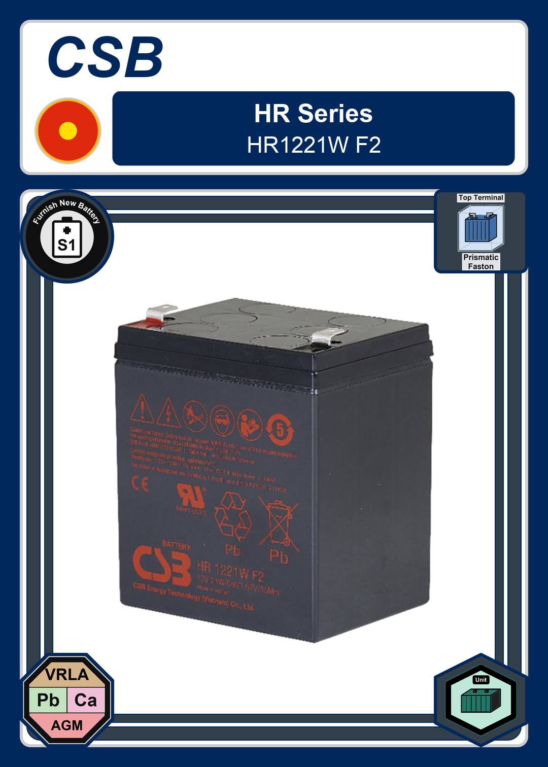 Furnish New Battery CSB HR Series HR1221W F2