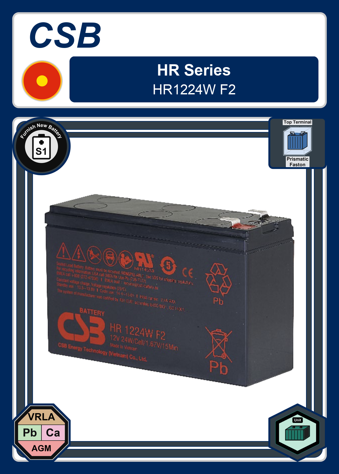 Furnish New Battery CSB HR Series HR1224W F2