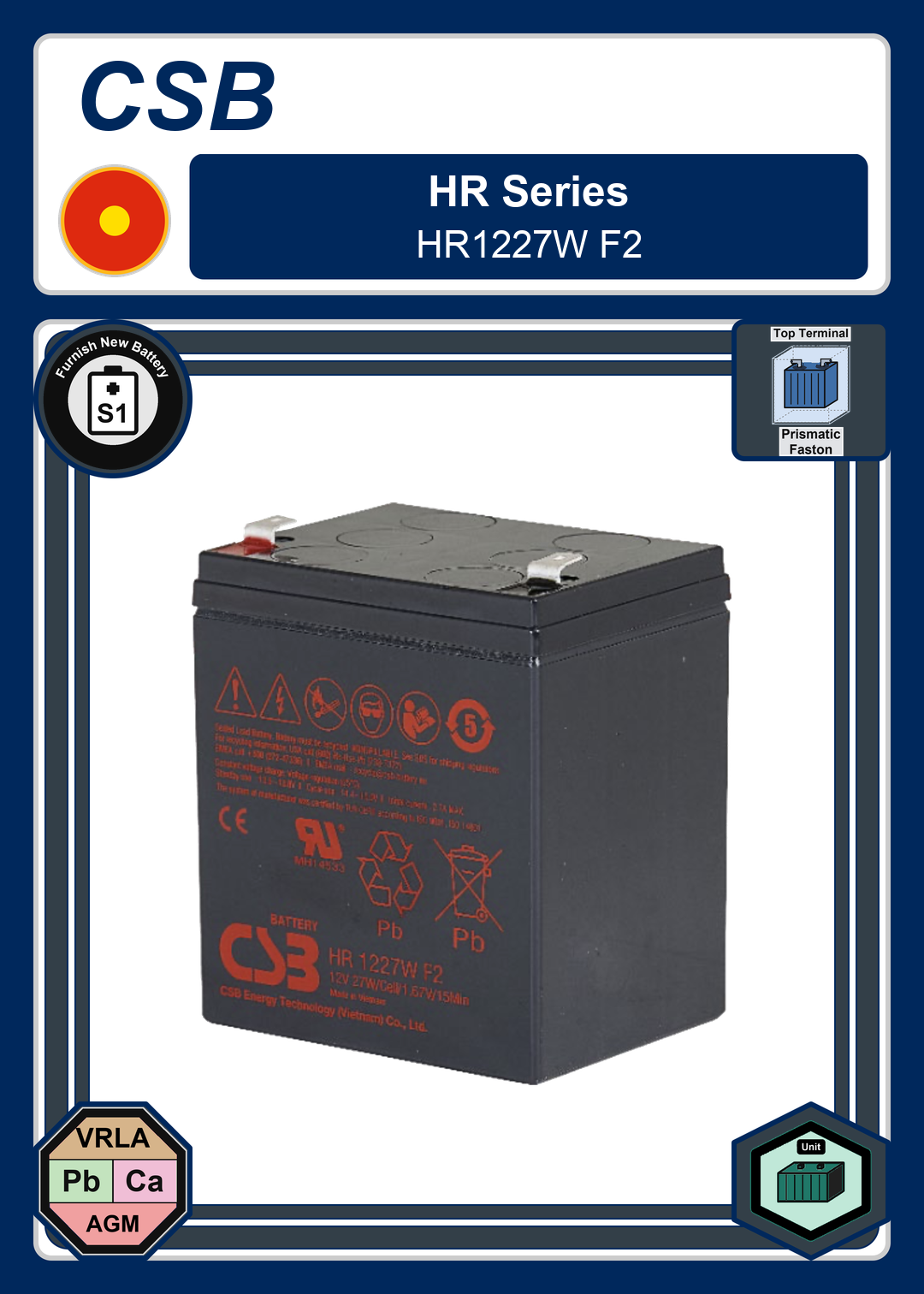 Furnish New Battery CSB HR Series HR1227W F2