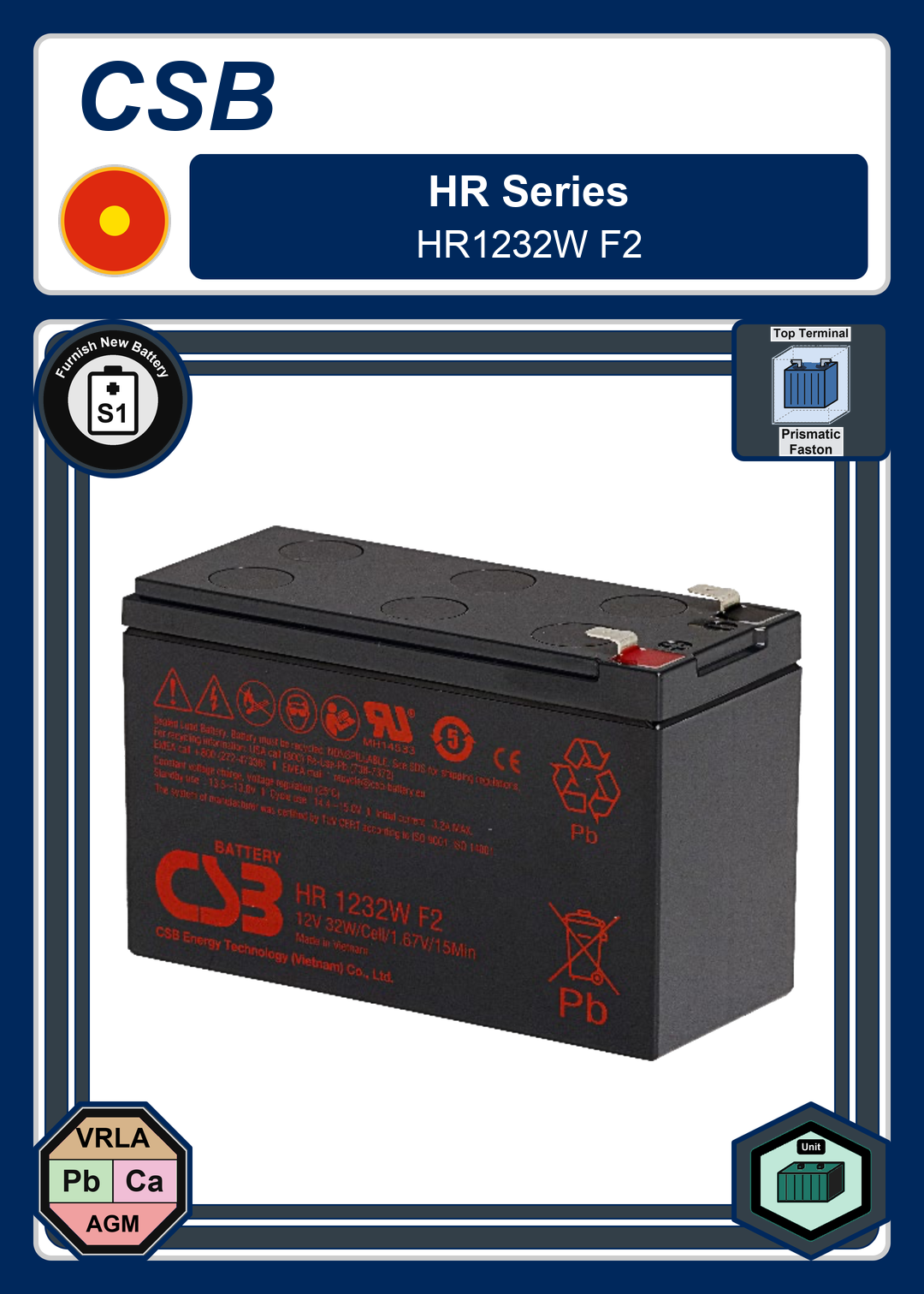Furnish New Battery CSB HR Series HR1232W F2