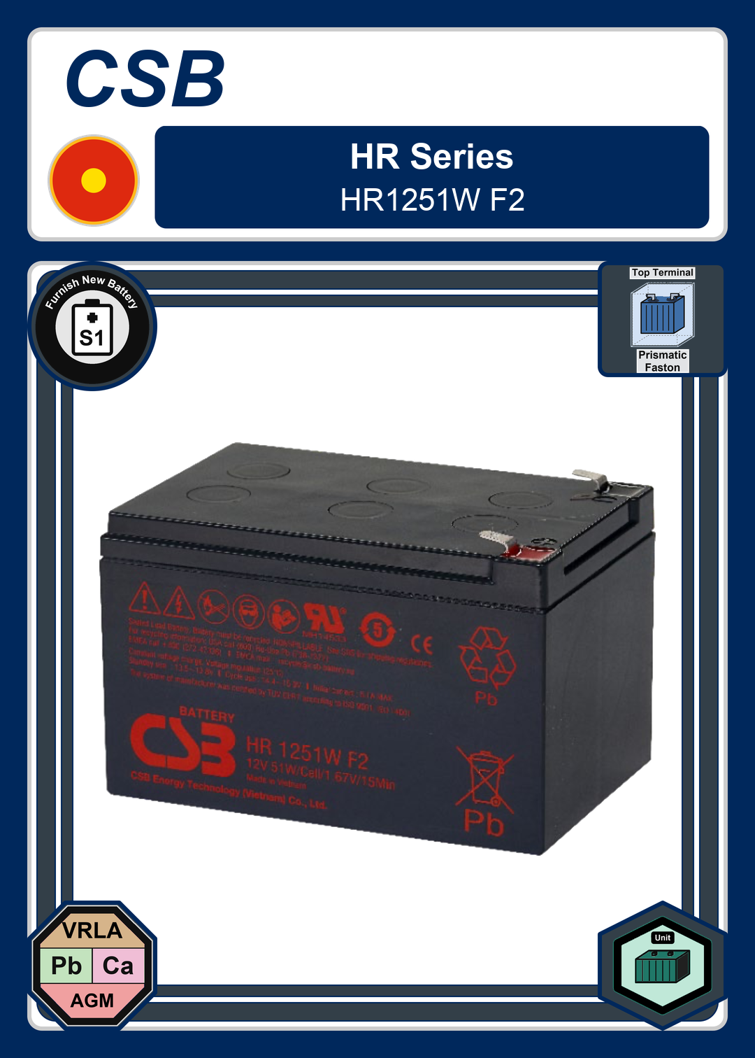 Furnish New Battery CSB HR Series HR1251W F2