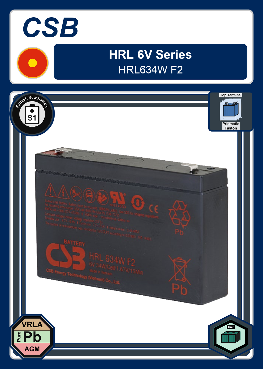 Furnish New Battery CSB HRL 6V Series HRL634W F2