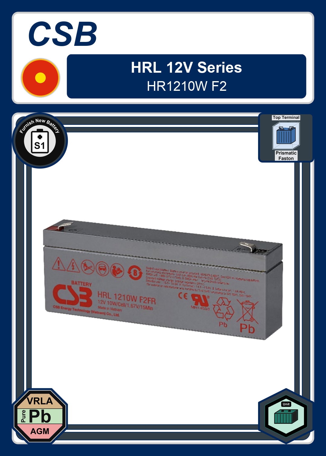 Furnish New Battery CSB HRL 12V Series HR1210W F2