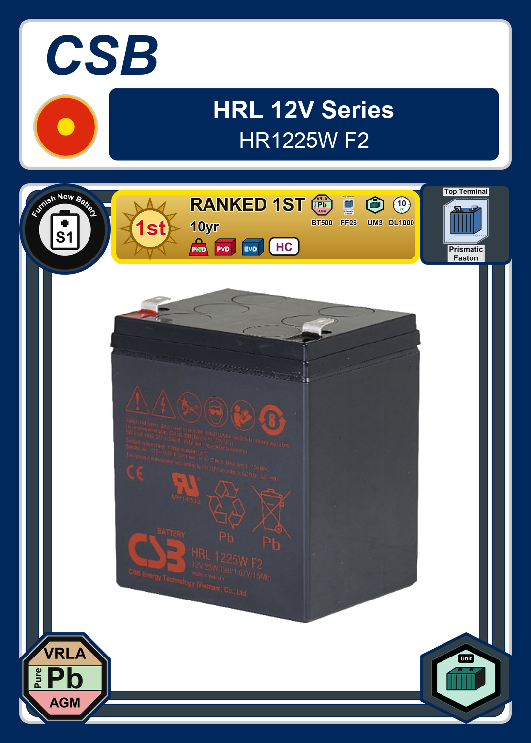 Furnish New Battery CSB HRL 12V Series HR1225W F2