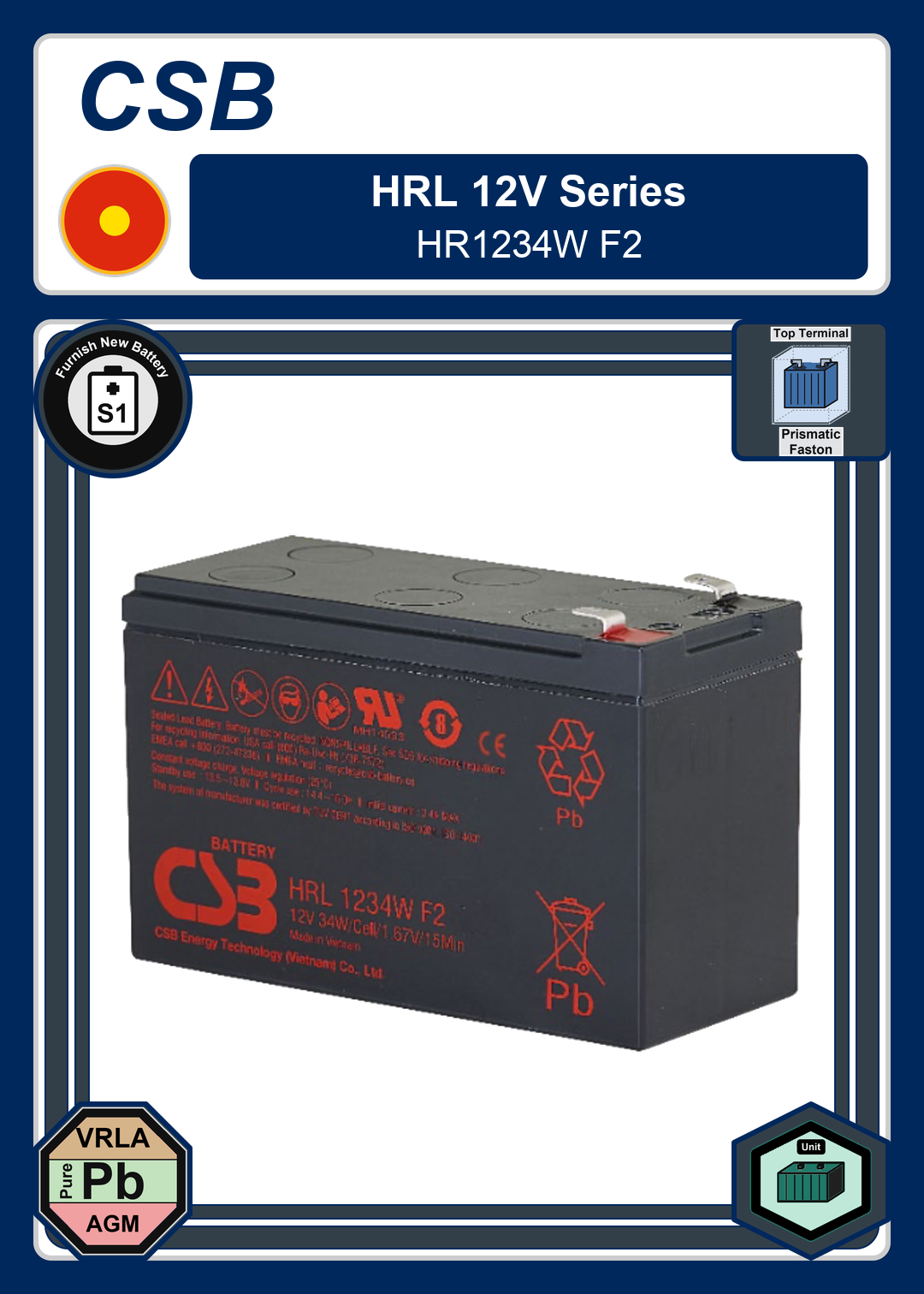 Furnish New Battery CSB HRL 12V Series HR1234W F2