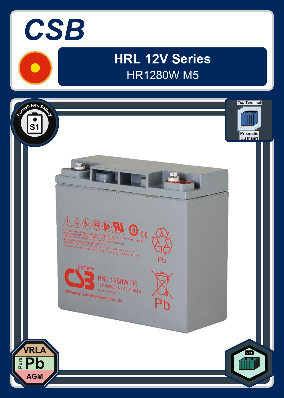 Furnish New Battery CSB HRL 12V Series HR1280W M5